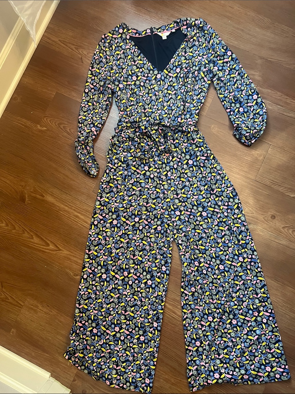 Boden Navy Floral Wrap Jumpsuit with Pink & Yellow Accents